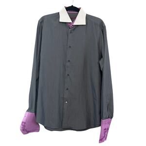 Robert Graham Blue Gray Button Down Shirt Purple Embroidered Flip Cuff 42/16.5